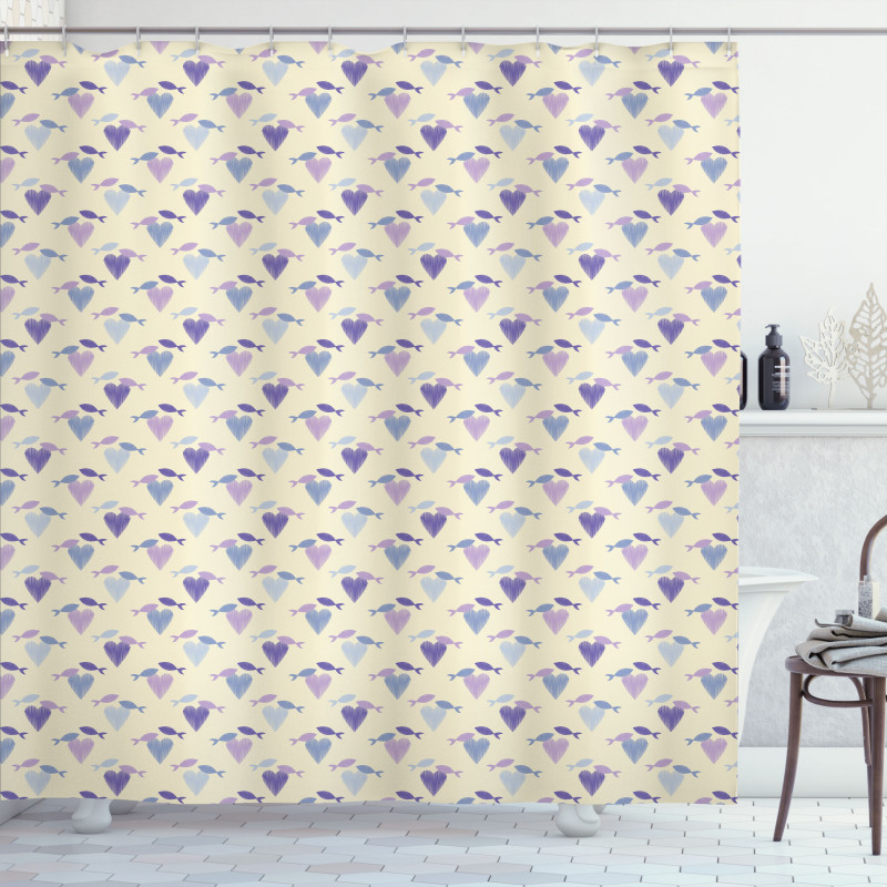 Stripey Hearts and Fish Shower Curtain