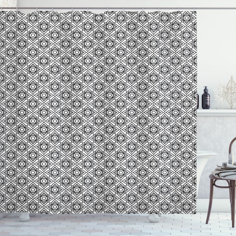 Monochrome Outline Flowers Shower Curtain