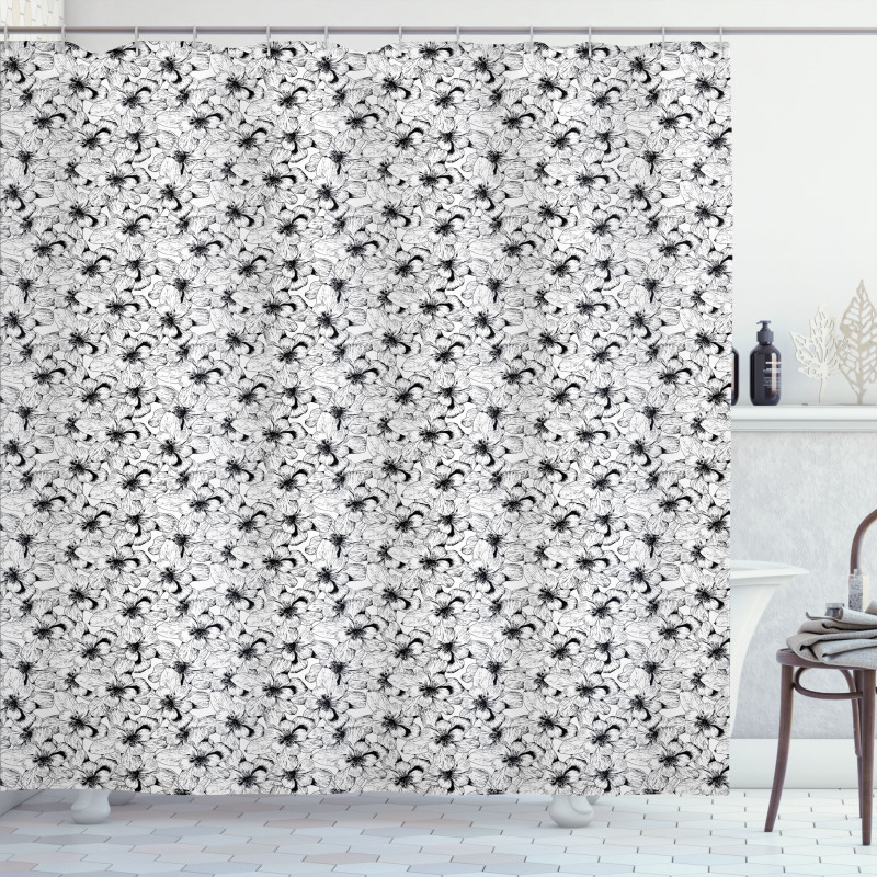 Monochrome Hibiscuses Sketch Shower Curtain