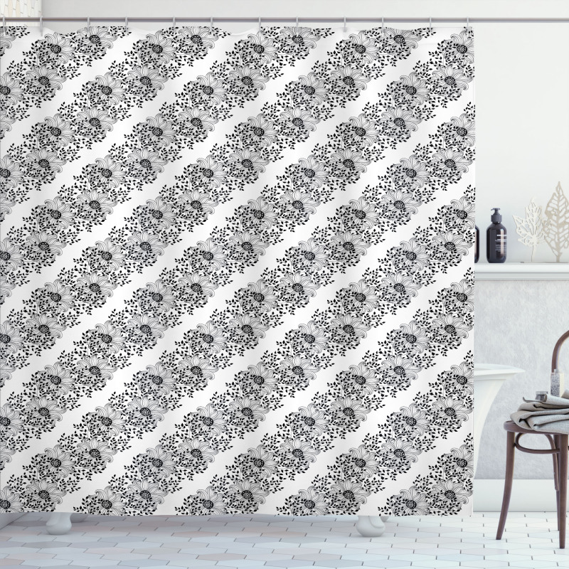 Vintage Outline Floral Motif Shower Curtain