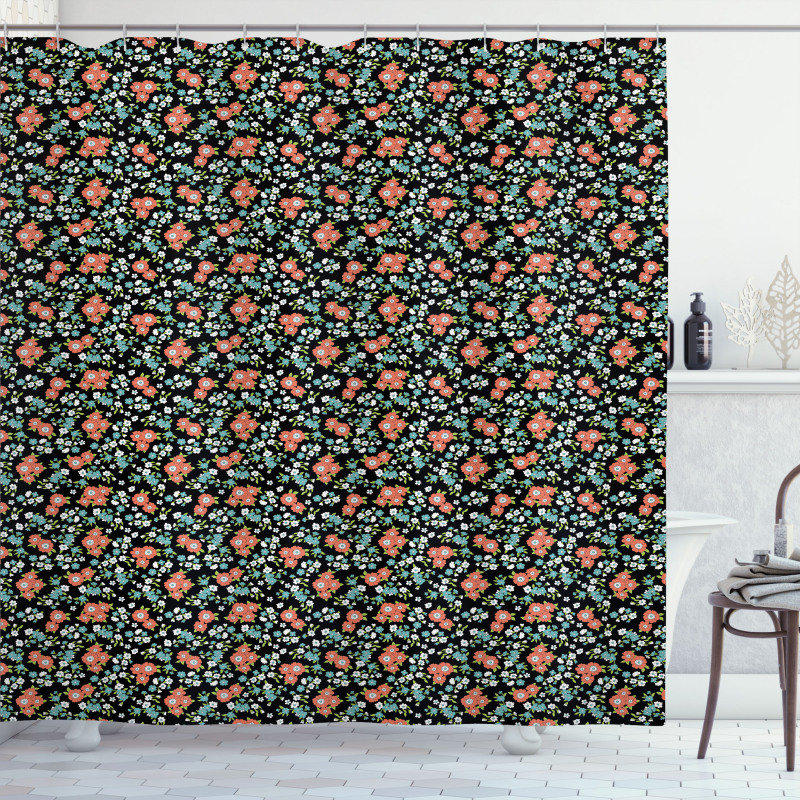 Flowers Bloom on Dark Shower Curtain