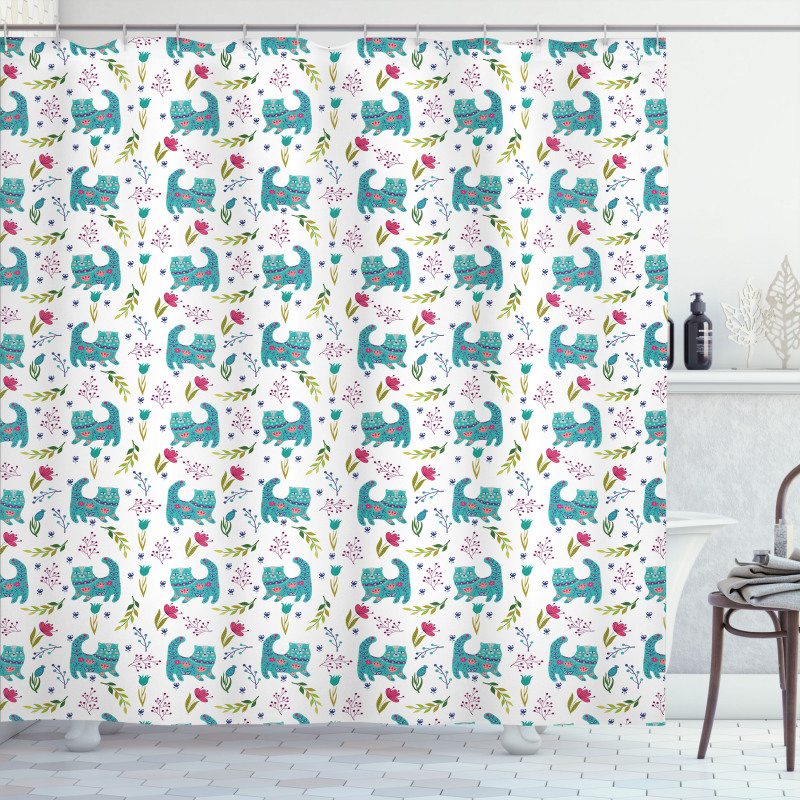 Folkloric Ornate Happy Cat Shower Curtain