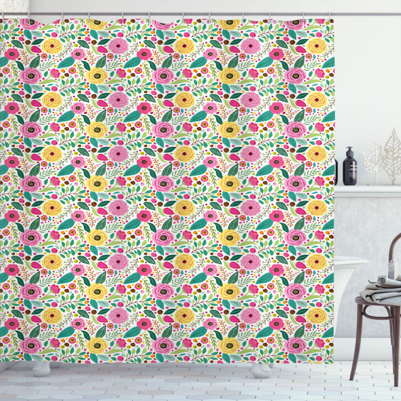 Doodle Peonies Berries Leaves Shower Curtain