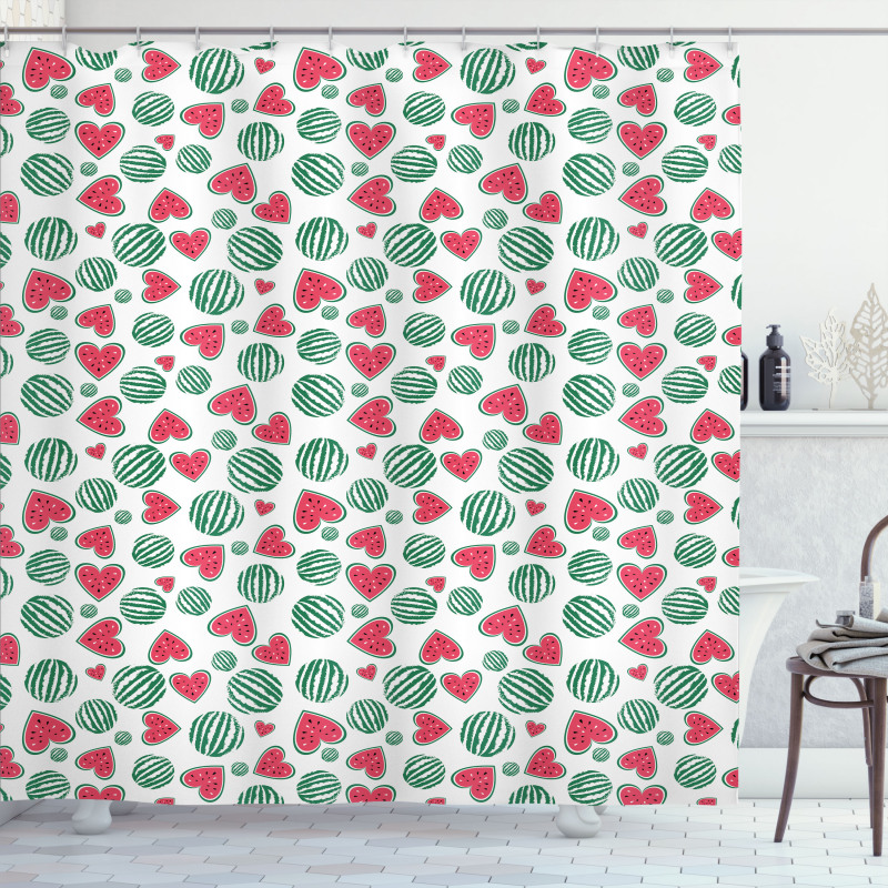 Watermelon Fruit Heart Slices Shower Curtain