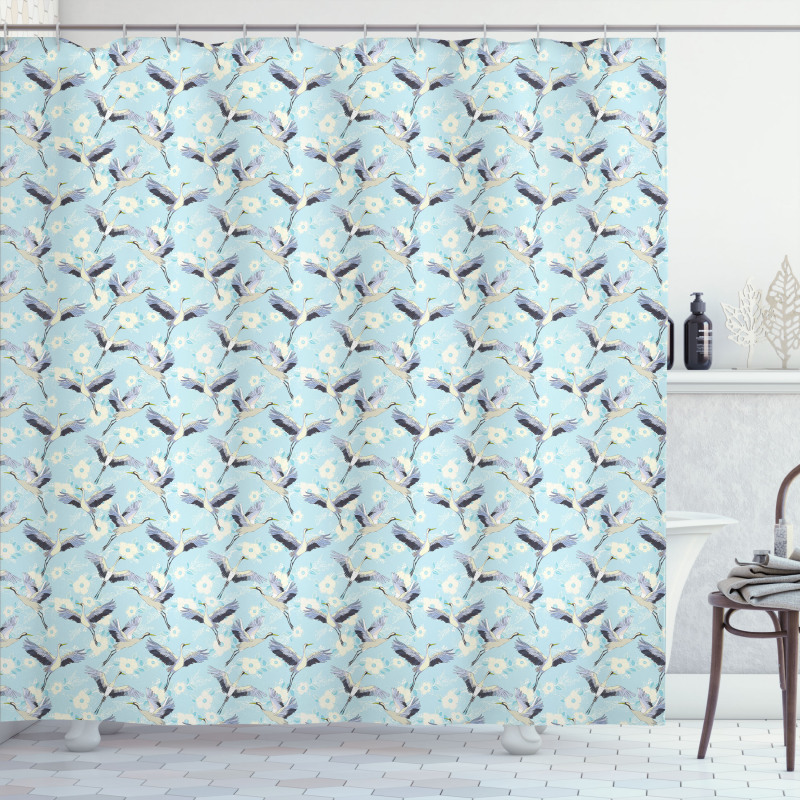 Continuous Flying Crane Floral Shower Curtain