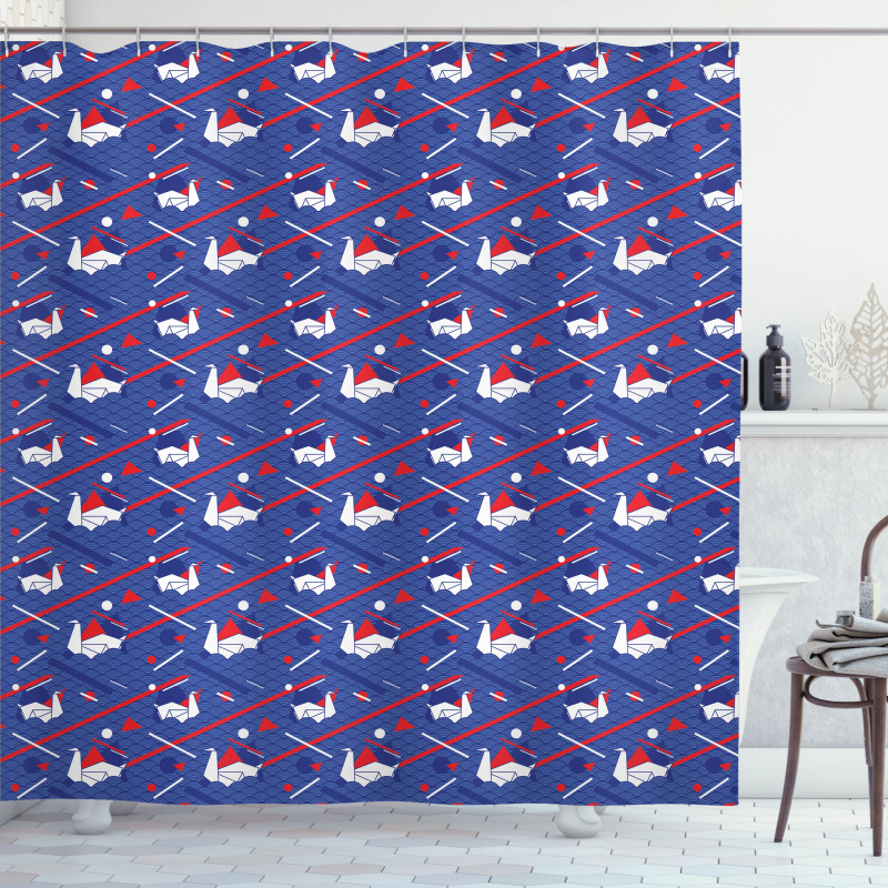 Origami Swans Seigaiha Waves Shower Curtain