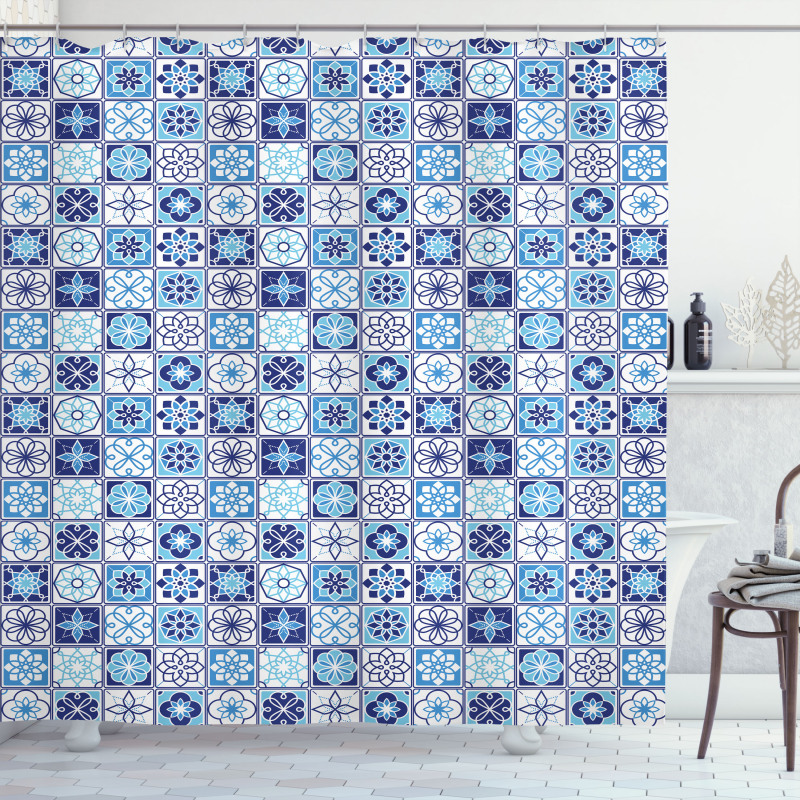 Floral Motif Squares Shower Curtain