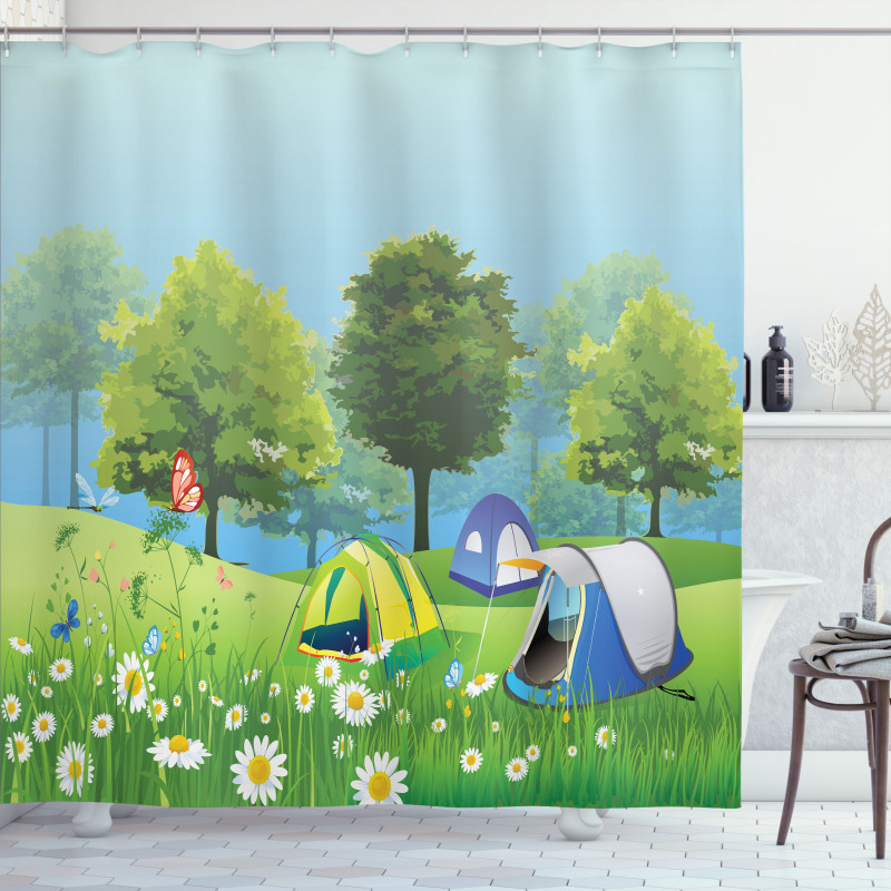 Tents in Spring Forest Shower Curtain