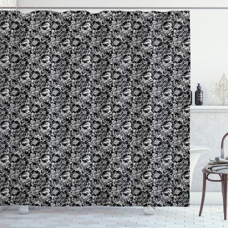 Monochrome Peonies Shower Curtain