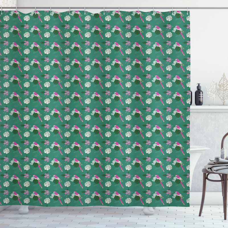 Parrot and Monstera Leaves Shower Curtain