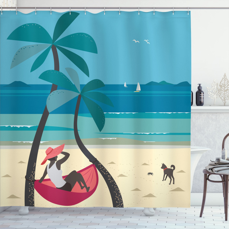 Girl on Hammock Palms Shower Curtain