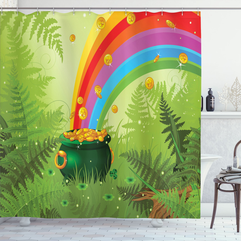 Pot of Coins and Rainbow Shower Curtain