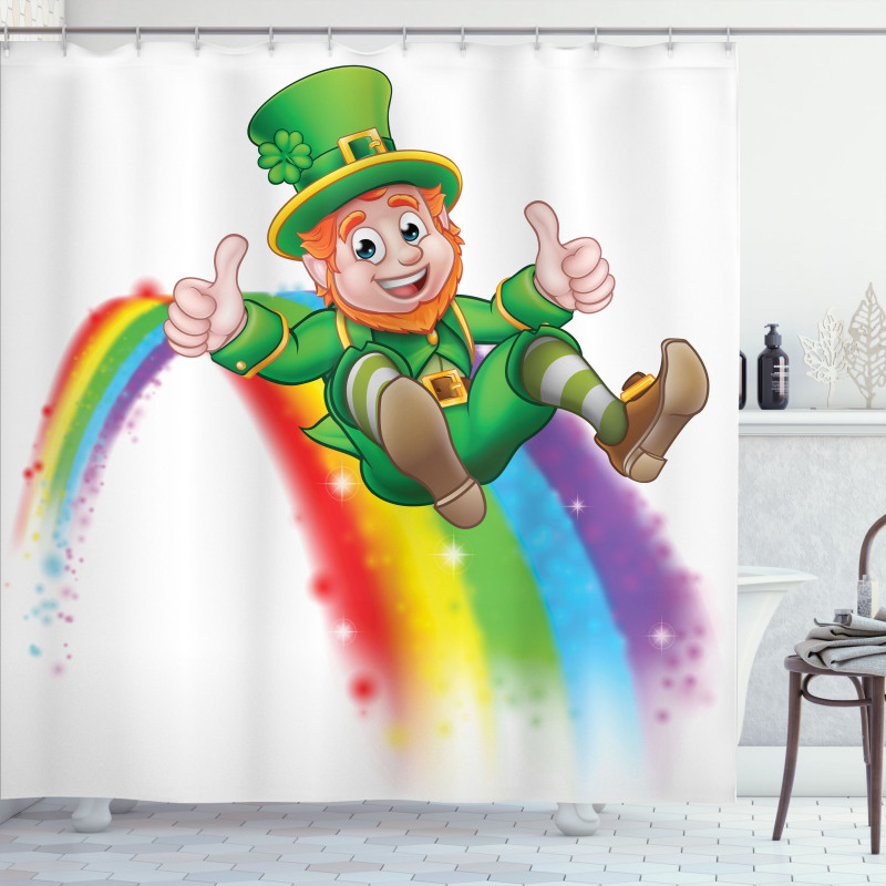 Leprechaun Slides on Rainbow Shower Curtain