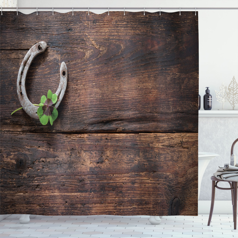 Rusty Horseshoe on Wooden Shower Curtain