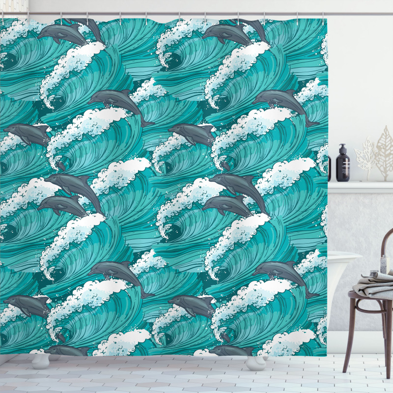 Surfing Doodle Dolphins Shower Curtain