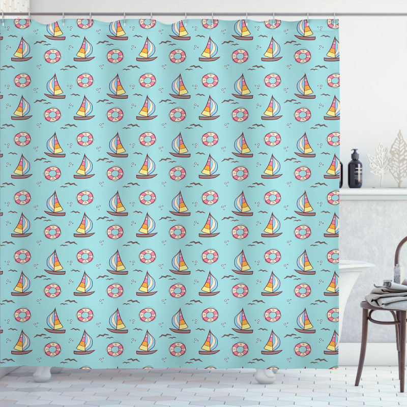 Seafoam Birds Sailboats Shower Curtain