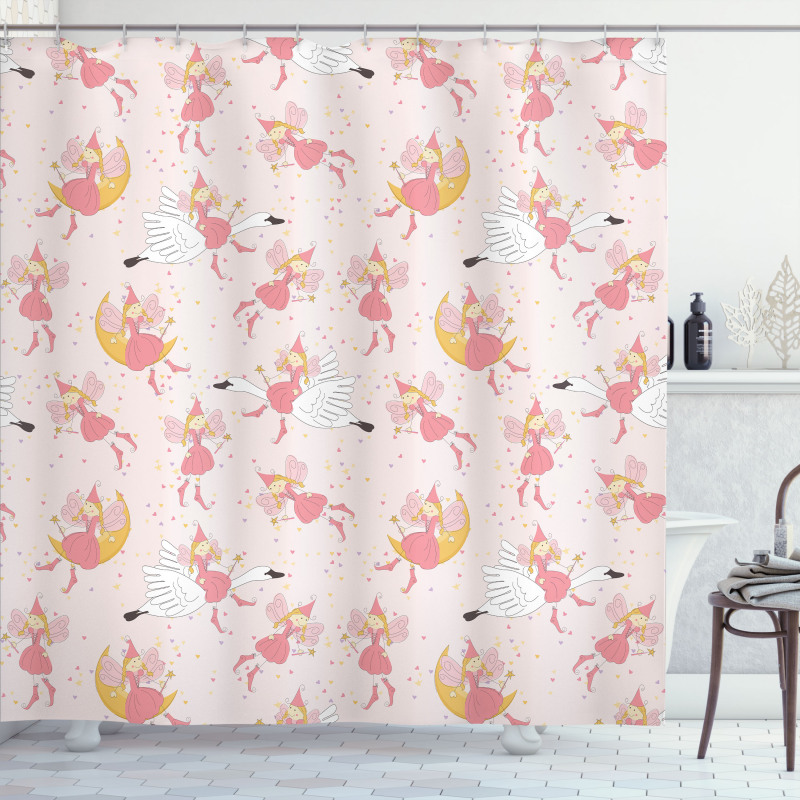 Flying Fairies Swan Moon Shower Curtain