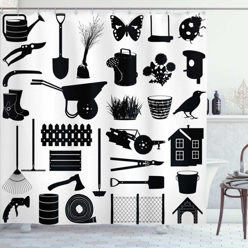 Monochrome Garden Items Shower Curtain