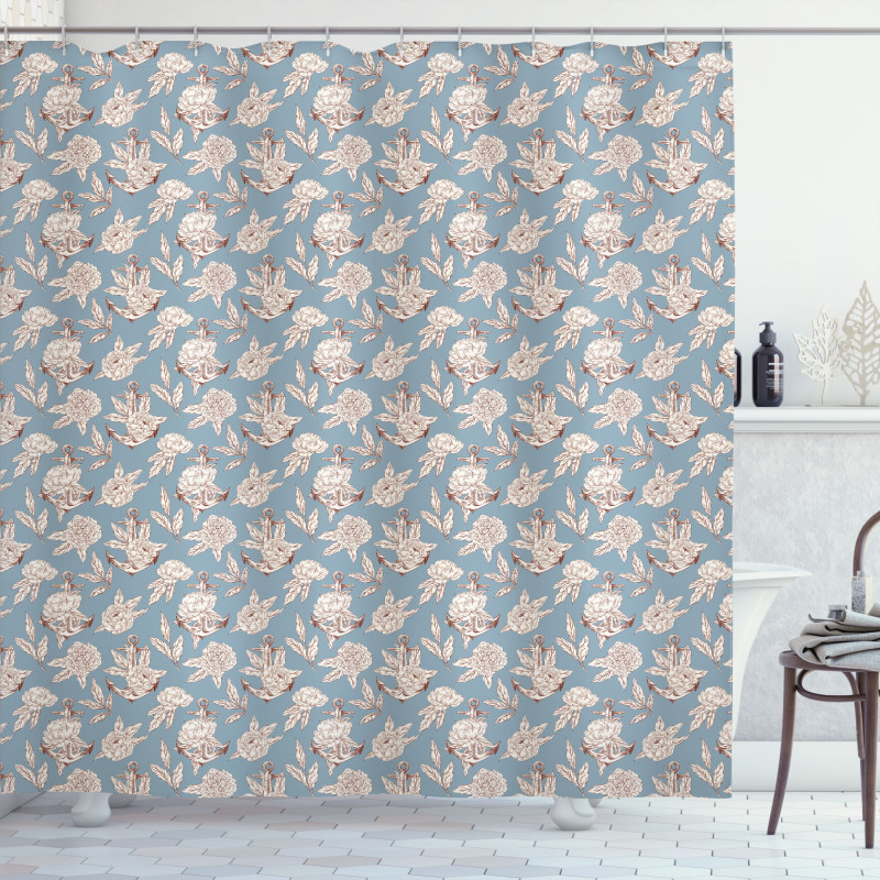 Vintage Peonies and Anchors Shower Curtain