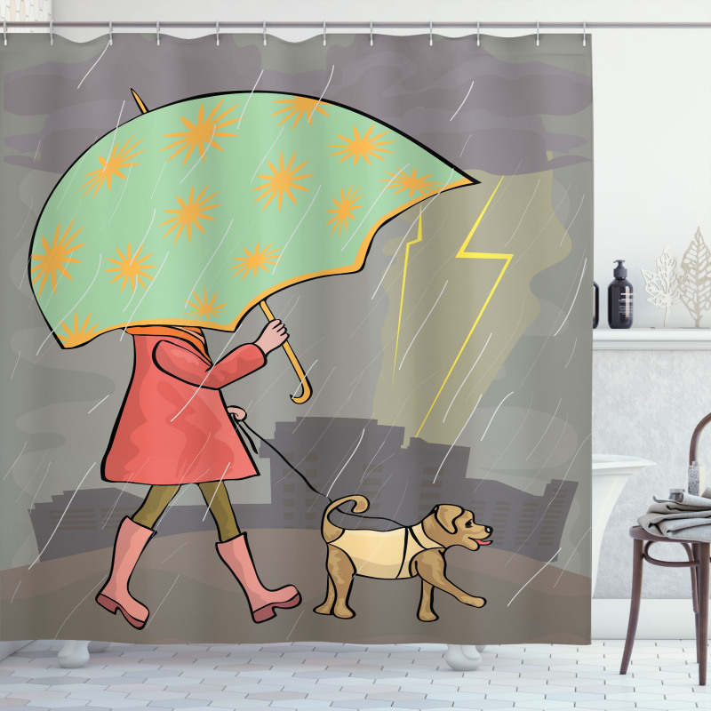 Lady Walking with Dog Shower Curtain