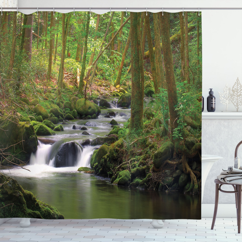 Forest over Mossy Rocks Shower Curtain