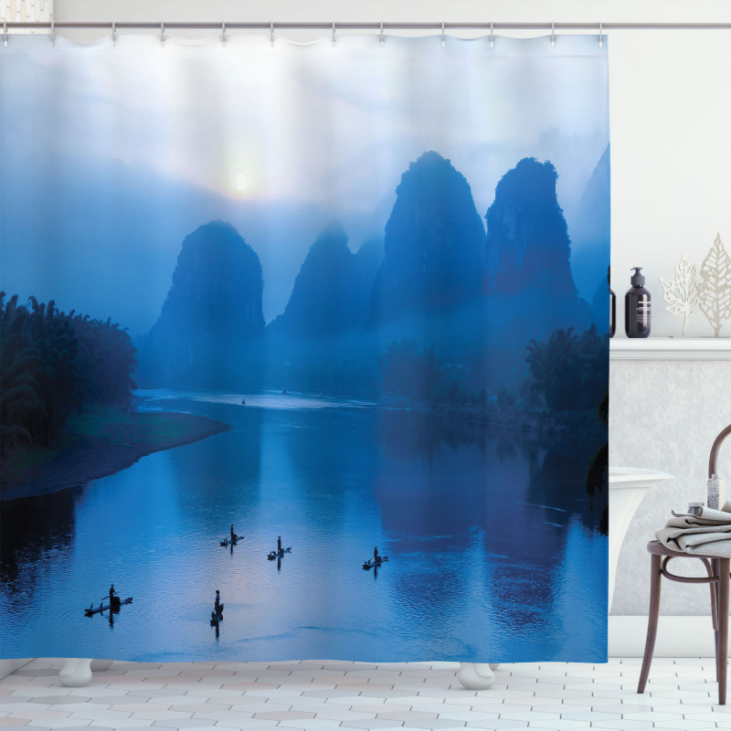 Sunrise Bamboo Raft China Shower Curtain