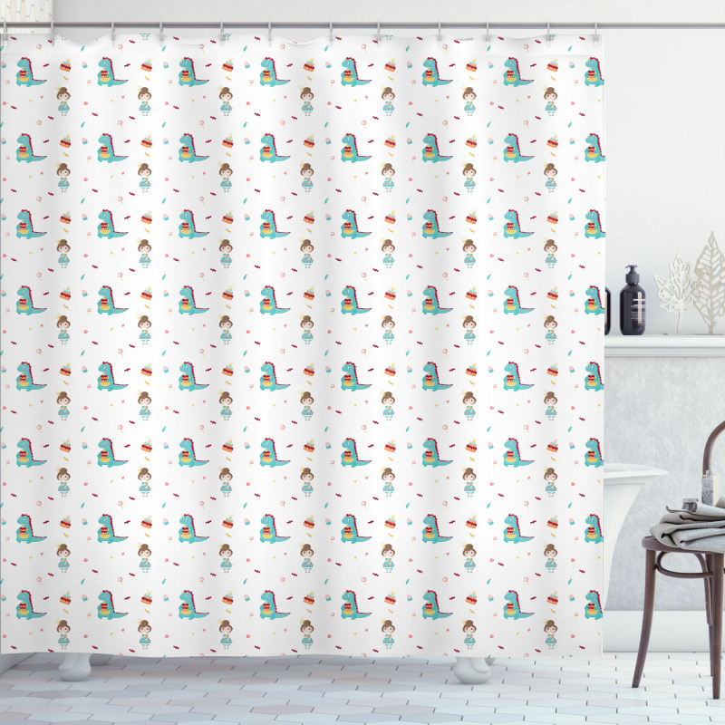 Birthday T-Rex and Princess Shower Curtain