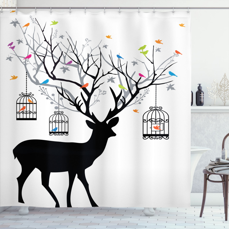 Deer Colorful Birds Shower Curtain