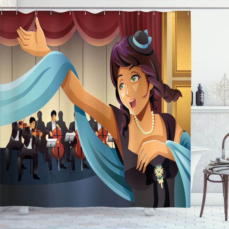 Woman Singing with Orchestra Shower Curtain