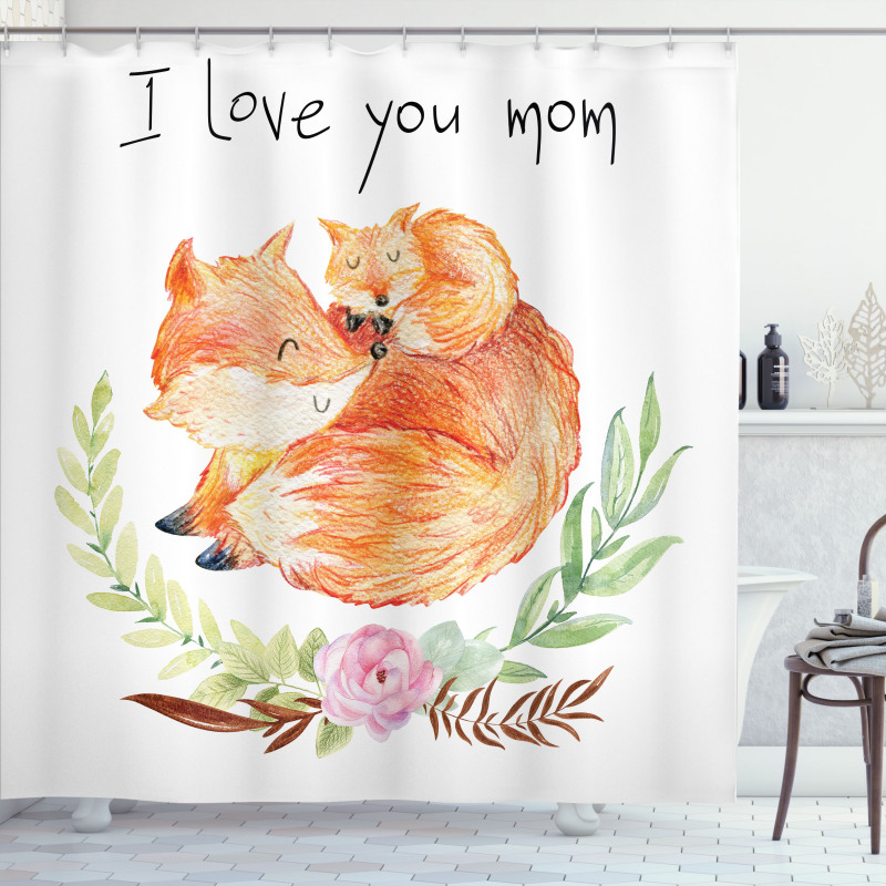 Mom Fox and the Baby Hugging Shower Curtain