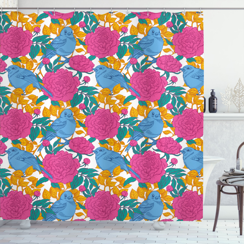 Spring Peony Blossoms Leaves Shower Curtain