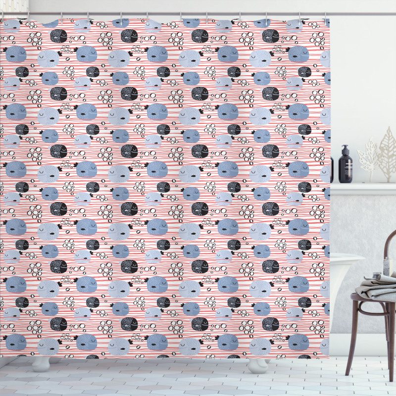 Fish and Bubbles on Stripes Shower Curtain