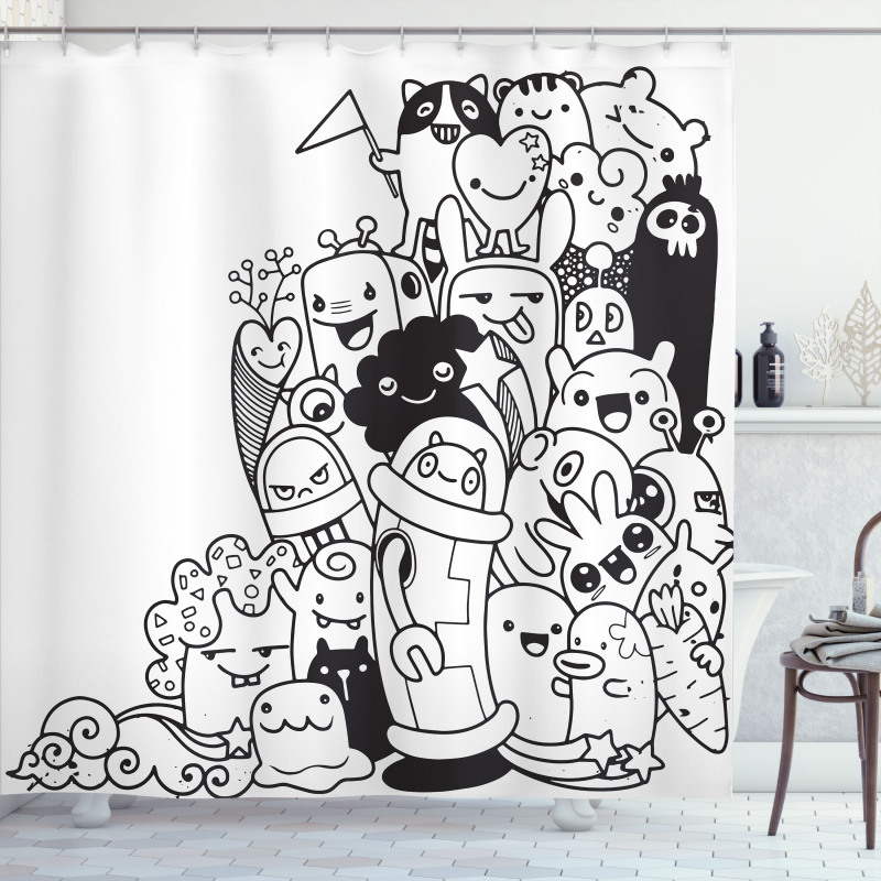 Monotone Monster Characters Shower Curtain