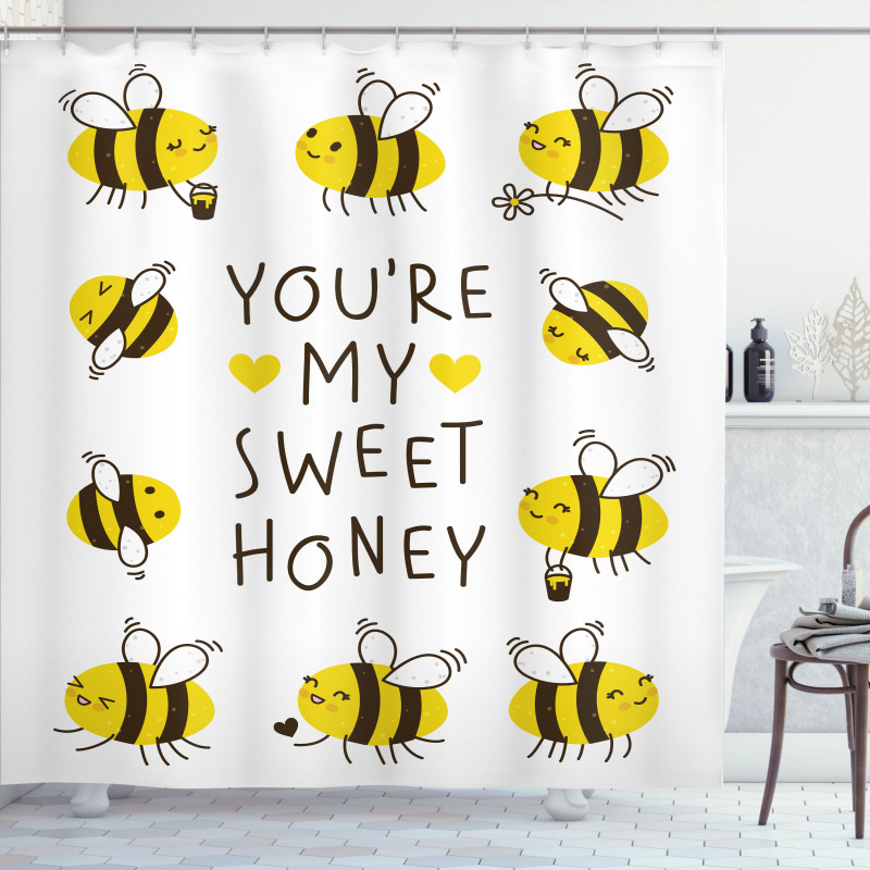 Love Text and Happy Bees Shower Curtain