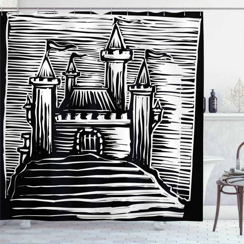 Woodcut Medieval Fortress Shower Curtain