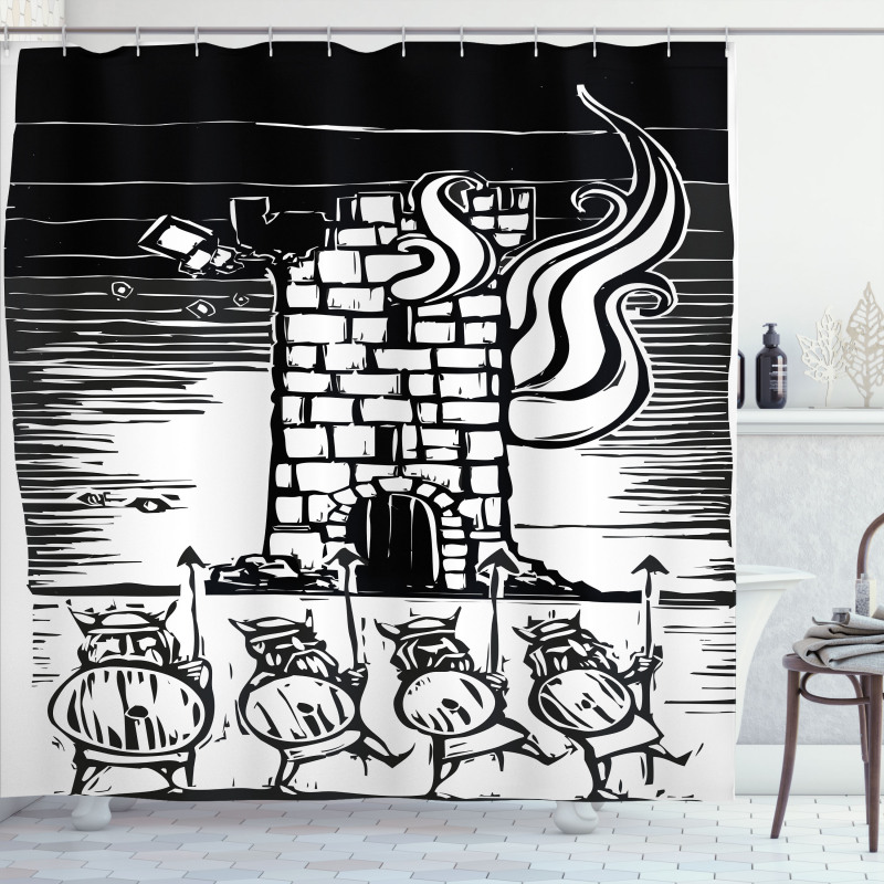 Woodcut Style Viking Tower Shower Curtain