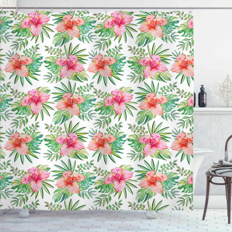 Hibiscus Monstera Palm Leaves Shower Curtain