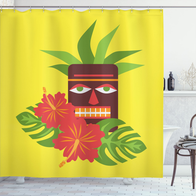 Tiki Mask and Exotic Hibiscus Shower Curtain