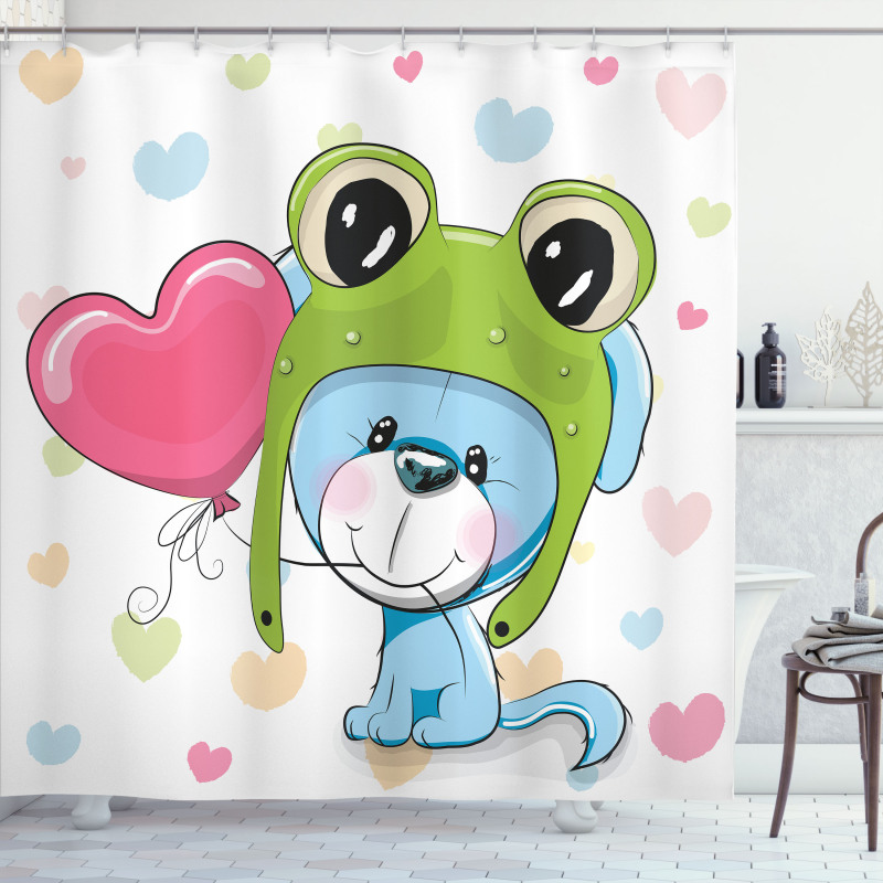 Puppy Dog in Frog Hat Shower Curtain