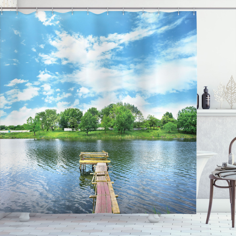 Wooden Dock over Lake Shower Curtain