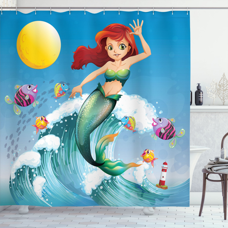 Wave with Cartoon Fish Shower Curtain