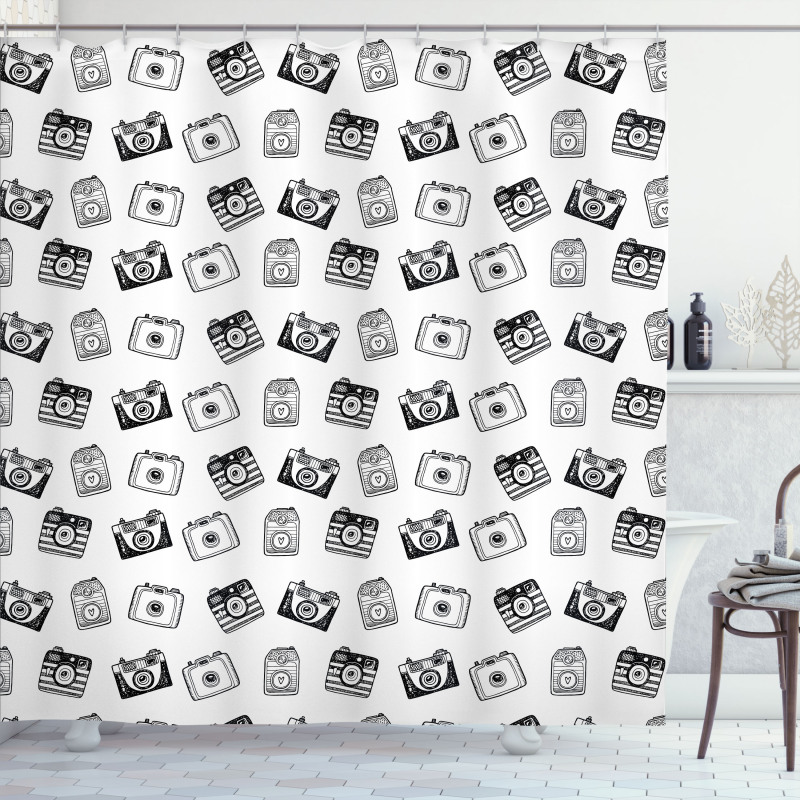 Pencil Drawn Retro Cameras Shower Curtain