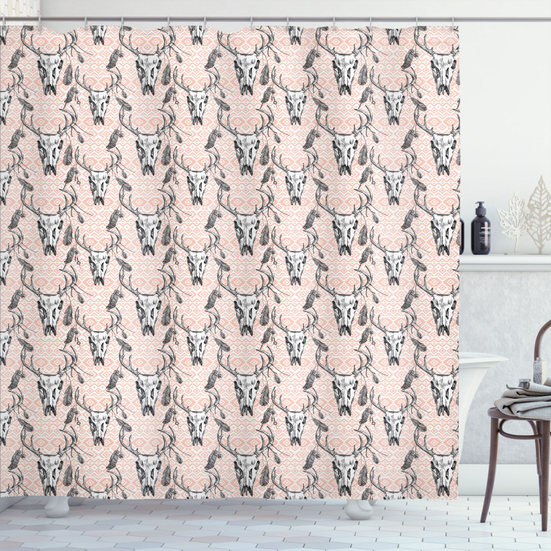 Deer Skull Feathers Motifs Shower Curtain