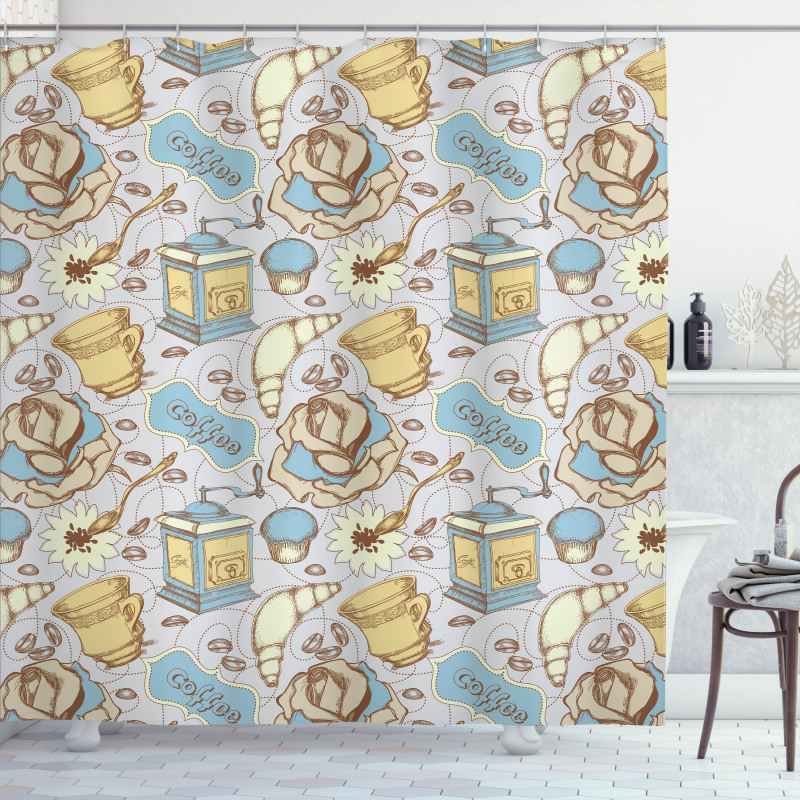 Sketchy Croissants Roses Shower Curtain