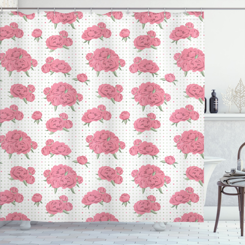 Peonies with Dots on Back Shower Curtain