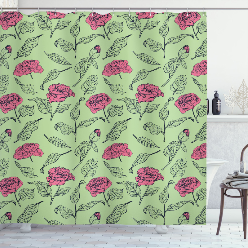 Romantic Peony Dotted Leaves Shower Curtain