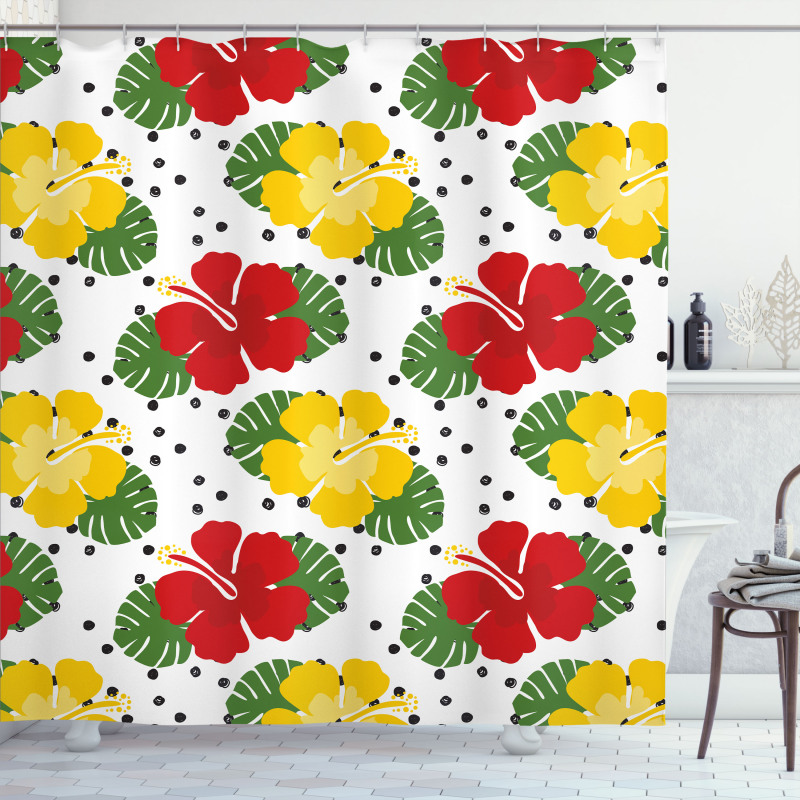 Grunge Dots and Hibiscus Shower Curtain