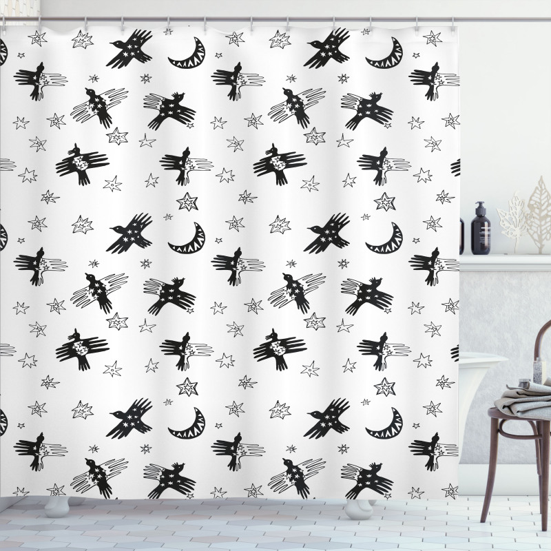 Abstract Birds Stars Crescent Shower Curtain