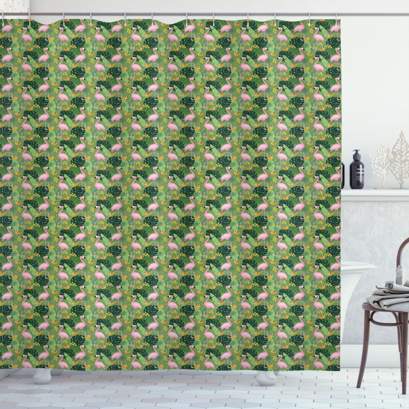 Flamingos Monstera Leaves Shower Curtain