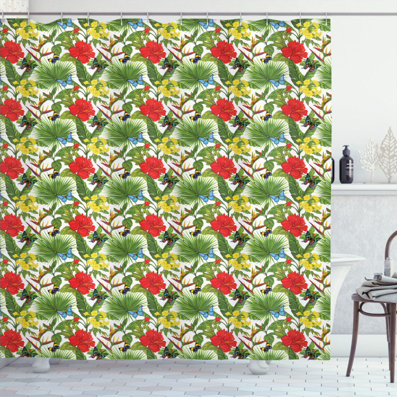 Cheerful Hibiscus Butterfly Shower Curtain